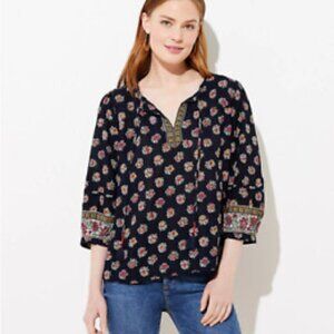 Loft Women's Size XS Bloom Split Neck Top Navy Blue Floral Tassel Tie Neck Flowy